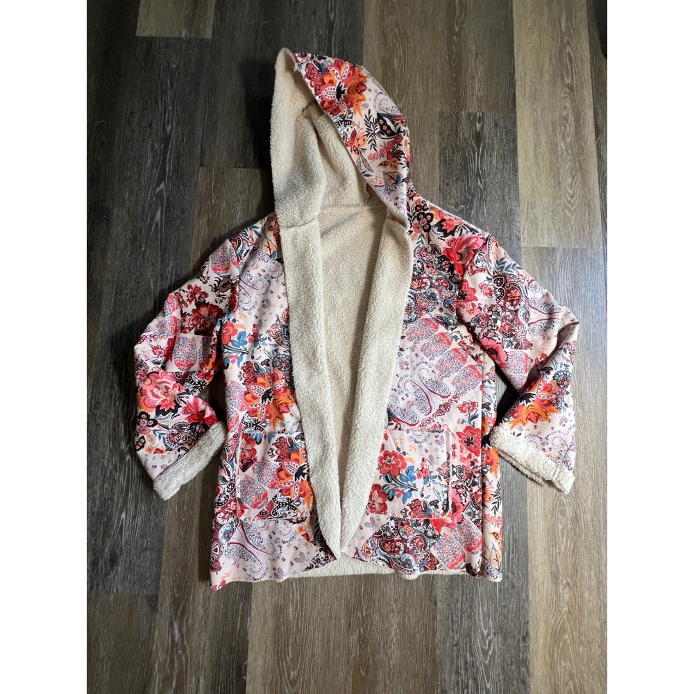 Floral Paisley Sherpa Lined Hooded Jacket‎ Womens XL Pink Excellent Boho